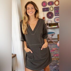 Natural Life Charlie Cotton V-Neck Mini Dress in Charcoal M